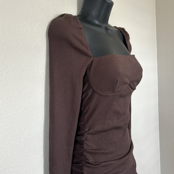 Princess Polly Portia Brown Long Sleeve Ribbed Ruched Mini Dress - Picture 7 of 12